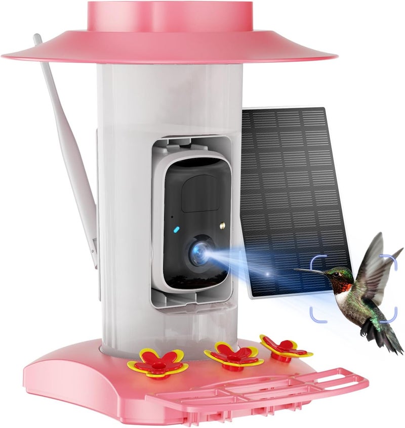 SV3C Hummingbird Feeder with Camera Outdoor, Hanging Bird Feeder with Ant Moat & Bee-Proof, HD 2K Solar Powered, AI Bird Identify, Instant App Alerts, Auto Capture, Hummingbird Lover Gifts, 21oz, Pink - Image 1